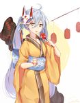  absurdres ahoge artist_name bangs bell black_cola candy_apple commentary_request cowboy_shot food fox_mask girls_frontline grey_hair hair_bell hair_between_eyes hair_ornament hand_up highres holding holding_food japanese_clothes jingle_bell kimono lantern long_hair looking_at_viewer mask mask_on_head obi paper_lantern pkp_(girls_frontline) sash signature silver_hair solo tongue tongue_out very_long_hair yellow_eyes yellow_kimono yukata 