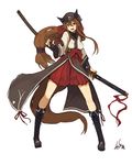  artist_name boots brown_eyes brown_hair fingerless_gloves full_body gloves hair_between_eyes hat highres holding holding_sword holding_weapon lansane legs_apart long_hair long_sleeves looking_at_viewer low-tied_long_hair low_ponytail open_mouth original sheath sheathed sidelocks skirt smile solo standing sword tail tsana_(lansane) very_long_hair weapon white_background wide_sleeves 