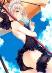  amami_mikihiro artoria_pendragon_(all) artoria_pendragon_(swimsuit_rider_alter) ass bare_back black_swimsuit blonde_hair blue_sky braid closed_mouth cloud day eating fate/grand_order fate_(series) food frills highres leg_garter looking_at_viewer maid_headdress one-piece_swimsuit parasol popsicle short_hair sky solo swimsuit umbrella yellow_eyes 