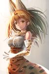  animal_ears bare_shoulders blonde_hair bow bowtie breasts closed_mouth cowboy_shot elbow_gloves extra_ears fingers_together floating_hair gloves gradient gradient_background hair_between_eyes high-waist_skirt highres kemono_friends large_breasts lips long_hair looking_at_viewer matokechi serval_(kemono_friends) serval_ears serval_print skirt slit_pupils smile solo yellow_eyes 