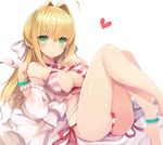  ahoge babydoll bead_anklet bead_bracelet beads bikini blonde_hair blush bracelet breasts closed_mouth criss-cross_halter eyebrows_visible_through_hair fate/grand_order fate_(series) green_eyes halterneck heart jewelry legs long_hair looking_at_viewer medium_breasts nero_claudius_(fate)_(all) nero_claudius_(swimsuit_caster)_(fate) side-tie_bikini simple_background smile solo striped striped_bikini swimsuit white_background yuzu-aki 