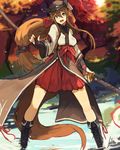  artist_name autumn_leaves boots brown_eyes brown_hair commentary_request fingerless_gloves full_body gloves hair_between_eyes hat holding holding_sword holding_weapon lansane leaf legs_apart long_hair long_sleeves looking_at_viewer low-tied_long_hair low_ponytail maple_leaf open_mouth original sheath sheathed sidelocks skirt smile solo standing sword tail tree tsana_(lansane) very_long_hair water weapon wide_sleeves wolf_tail 