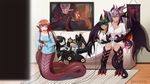  :3 :o :t animal_ears anubis_(monster_girl_encyclopedia) black_hair breasts brown_eyes casual claws cleavage clothes_writing collarbone commission controller couch cowfee crossover cyclops dark_skin dragon_girl dragon_wings dress extra_eyes game_controller gazer_(monster_girl_encyclopedia) green_eyes green_hair grey_skin hair_ornament hairclip hanging_scroll highres horns indoors jabberwock_(monster_girl_encyclopedia) jewelry lamia large_breasts long_hair medium_breasts miia_(monster_musume) monster_girl monster_girl_encyclopedia monster_musume_no_iru_nichijou multiple_girls nintendo_64_controller one-eyed painting_(object) paws playing_games pout purple_hair red_eyes red_hair scales scroll shirt sitting small_breasts t-shirt tail tentacles v-shaped_eyebrows white_dress white_shirt white_skin wings yellow_sclera yokozuwari 