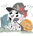  101_dalmatians 2017 cadpig canine dalmatian disney dog fangs female feral food fruit hat hi_res hindpaw looking_at_viewer mammal open_mouth pawpads paws pumpkin smitty_g solo witch_hat 