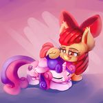  2017 apple_bloom_(mlp) cutie_mark earth_pony equine eyes_closed female feral friendship_is_magic hair hair_bow hair_ribbon hi_res horn horse mammal multicolored_hair my_little_pony pony red_hair ribbons smile solo sweetie_belle_(mlp) thediscorded two_tone_hair unicorn young 