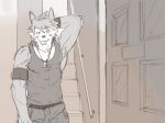  2018 anthro armband armpit_hair belt biceps blush canine clothed clothing detailed_background dog dog_tags door erection erection_under_clothes hair hand_behind_head husky jewelry kouya_(morenatsu) male mammal morenatsu muscular muscular_male necklace nipples pants pecs shirt solo stairs tank_top wristband yunu38 