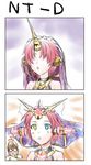  1girl 2koma blue_eyes blush_stickers brown_hair caules_forvedge_yggdmillennia comic commentary_request fate/apocrypha fate/grand_order fate_(series) frankenstein's_monster_(fate) glasses gundam gundam_unicorn hair_over_eyes heterochromia nt-d parody red_hair saida_kazuaki surprised unicorn_gundam veil yellow_eyes 