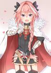  astolfo_(fate) bangs black_bow black_ribbon bow braid commentary eyebrows_visible_through_hair eyes_visible_through_hair fang fate/apocrypha fate/grand_order fate_(series) garter_straps grey_background hair_intakes hair_ornament hair_ribbon highres kusumoto_touka looking_at_viewer male_focus multicolored_hair open_mouth otoko_no_ko pink_hair purple_eyes ribbon simple_background single_braid smile streaked_hair 