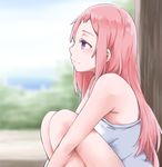  aguri_(gamers!) blurry breasts camisole closed_mouth cloud day depth_of_field from_side gamers! highres leg_hug long_hair medium_breasts outdoors pink_hair profile purple_eyes shirt sideways_mouth sitting sky sleeveless sleeveless_shirt smile solo very_long_hair white_shirt wing_(aiastor) 
