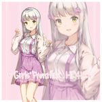  :d blush border breasts character_name collarbone collared_shirt copyright_name eyebrows_visible_through_hair girls_frontline green_eyes head_tilt heart hk416_(girls_frontline) long_hair looking_at_viewer medium_breasts nather open_mouth outside_border pink_background pink_skirt shirt silver_hair skirt sleeves_past_wrists smile solo striped striped_background suspender_skirt suspenders vertical-striped_background vertical_stripes very_long_hair white_shirt wing_collar zoom_layer 