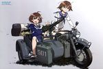  :d absurdres bmw_r75 brave_witches brown_eyes brown_hair ground_vehicle gun hair_ornament hairclip highres karibuchi_hikari machine_gun mg42 miyafuji_yoshika motor_vehicle motorcycle multiple_girls official_art open_mouth school_swimsuit school_uniform sidecar smile strike_witches striker_unit swimsuit swimsuit_under_clothes takamura_kazuhiro weapon world_witches_series 