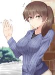  alternate_costume bangs blurry blurry_background blush breasts brick_wall brown_eyes brown_hair bush casual collarbone commentary_request expressionless eyebrows_visible_through_hair highres kaga_(kantai_collection) kantai_collection large_breasts looking_at_viewer medium_hair ninoude_(ninoude44) parted_bangs ribbed_sweater side_ponytail solo standing sweater upper_body waving 