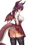  ass black_legwear breasts cowboy_shot dragon_horns dragon_tail dragon_wings from_behind granblue_fantasy grea_(shingeki_no_bahamut) hair_between_eyes head_tilt high-waist_skirt highres horns inconvenient_tail large_breasts long_sleeves looking_at_viewer looking_back moppo panties parted_lips plaid plaid_skirt pleated_skirt pointy_ears purple_hair red_eyes red_skirt shingeki_no_bahamut shirt simple_background skirt skirt_lift solo standing tail tail_lift thighhighs underwear white_background white_panties white_shirt wings 