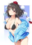  1girl bangs bikini black_bikini black_hair breasts cibo_(killy) cleavage cowboy_shot eyebrows_visible_through_hair hat jacket leaning_forward looking_at_viewer medium_breasts open_clothes open_jacket pointy_ears pom_pom_(clothes) red_eyes shameimaru_aya sketch solo swimsuit tokin_hat touhou 