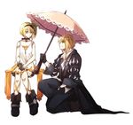  1girl black_choker blonde_hair blue_eyes brother_and_sister choco_taberusan choker edna_(tales) eizen_(tales) gloves long_hair ribbon short_hair siblings side_ponytail simple_background smile tales_of_(series) tales_of_berseria tales_of_zestiria white_background 