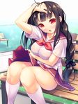  :o arm_up bangs bench black_hair blue_bow blunt_bangs blush bow bra bra_through_clothes braid breasts commentary_request day eyebrows_visible_through_hair fanning_crotch hair_bow hand_in_hair highres kneehighs lace-trimmed_bow large_breasts long_hair looking_at_viewer nametakenoko neckerchief open_mouth original outdoors park pleated_skirt polka_dot polka_dot_bra red_eyes red_neckwear red_skirt school_uniform see-through serafuku shirt short_sleeves single_braid sitting sitting_on_bench skirt skirt_lift solo sweat tareme underwear very_long_hair white_legwear white_shirt 