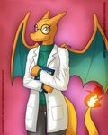  2017 abstract_background anthro book breasts browniecomicwriter charizard clothing dragon eyewear female fire glasses lab_coat looking_at_viewer nintendo non-mammal_breasts orange_body orange_scales orange_skin pink_background pok&eacute;mon portrait scales scalie simple_background smile three-quarter_portrait turtleneck video_games wings yellow_eyes 