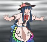  :o apron blue_hair bow bowtie commentary constricted_pupils cowboy_shot dress earthquake food fruit grey_background hat hinanawi_tenshi long_hair looking_at_viewer mefomefo multicolored multicolored_clothes multicolored_dress outstretched_arms peach red_eyes silhouette solo touhou trembling waist_apron 