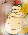  2017 belly benjipaws big_belly bowser hair half_naked koopa looking_down male mario_bros moobs nintendo overweight red_hair sauna scalie shell signature simple_background solo spikes standing steam towel video_games 