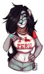  5_fingers anthro black_hair black_nose blue_eyes breasts clothing cutoffs denim_shorts eyebrows eyelashes eyewear felidre_(artist) feline glasses hair hair_over_eye hand_on_hip lion long_hair mammal markings midriff navel niobe_(character) panties shirt shorts underwear 