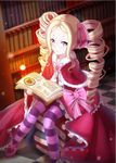  beatrice_(re:zero) blonde_hair blue_eyes book capelet checkered checkered_floor crown dress drill_hair frilled_dress frills hair_ribbon highres holding holding_book indoors long_hair looking_at_viewer mini_crown nya_rl open_book pantyhose parted_lips pink_ribbon re:zero_kara_hajimeru_isekai_seikatsu red_dress ribbon sitting solo striped striped_legwear twin_drills very_long_hair 