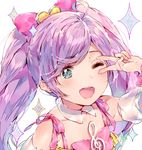  ;d bad_id bad_pixiv_id bangs bare_shoulders blue_eyes blush commentary_request detached_collar detached_sleeves dsmile eyebrows_visible_through_hair hair_ornament long_hair looking_at_viewer manaka_lala one_eye_closed open_mouth pastel_colors pretty_(series) pripara puffy_sleeves purple_hair smile solo swept_bangs treble_clef twintails v v_over_eye white_background 