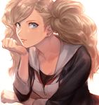  blonde_hair blue_eyes chin_rest earrings hair_ornament hairclip hood hoodie jewelry long_hair looking_at_viewer nekobayashi_(nekoforest) persona persona_5 smile solo takamaki_anne twintails 