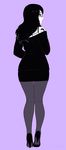  bra_strap curvy eyeliner from_behind full_body glasses greyscale high_heels kneepits long_hair looking_at_viewer looking_back makeup miniskirt monochrome off-shoulder_sweater original pantyhose purple_background razalor skirt solo standing sweater tattoo 