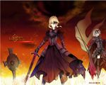  2girls armor armored_dress artoria_pendragon_(all) banner black_armor black_dress black_gloves black_legwear blonde_hair copyright_name dark_excalibur dated dress fate/grand_order fate_(series) gloves hair_between_eyes highres holding holding_sword holding_weapon jeanne_d'arc_(alter)_(fate) jeanne_d'arc_(fate)_(all) jingzhongyin looking_at_viewer multiple_girls outdoors parted_lips saber_alter short_hair silver_hair standing sword thighhighs weapon yellow_eyes 