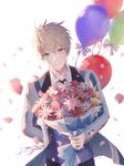  ahoge arthur_pendragon_(fate) balloon black_neckwear blonde_hair bouquet collared_shirt commentary eyebrows_visible_through_hair fate/grand_order fate/prototype fate_(series) flower formal green_eyes grin holding holding_bouquet jacket long_sleeves looking_at_viewer male_focus necktie open_clothes open_jacket petals shirt shuryukan smile solo standing striped_jacket suit white_background 