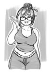  absurdres artist_name black-framed_eyewear breasts cleavage collarbone cowboy_shot eyelashes glasses grey_background greyscale hair_bun hair_ornament hair_stick highres large_breasts looking_at_viewer mei_(overwatch) midriff monochrome navel odree open_mouth overwatch pants plump semi-rimless_eyewear signature simple_background sketch smile snowflake_hair_ornament solo sweatpants tank_top under-rim_eyewear upper_teeth white_background 