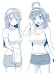  :d ahoge blush breasts cleavage eyebrows_visible_through_hair gym_shorts hair_between_eyes hairband haruna_(kantai_collection) holding holding_towel kantai_collection kongou_(kantai_collection) large_breasts long_hair looking_at_viewer medium_breasts monochrome multiple_girls open_mouth shigure_ryuunosuke shirt short_shorts shorts simple_background sleeveless sleeveless_shirt smile standing t-shirt tank_top towel white_background white_hairband 