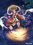  bow bunny cat commentary_request copyright_name crown flower force_of_will fukuzou hair_flower hair_ornament japanese_clothes jewelry kaguya_(force_of_will) kimono leaf long_hair looking_at_viewer necklace official_art purple_hair thighhighs water yellow_eyes 