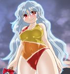  bare_shoulders breasts cloud competition_swimsuit covered_navel cowboy_shot from_below hair_ribbon hatchet long_hair looking_at_viewer medium_breasts multicolored multicolored_clothes multicolored_swimsuit one-piece_swimsuit red_eyes red_ribbon ribbon sakata_nemuno silver_hair sky smile solo standing swimsuit touhou wavy_hair winn 