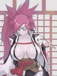  baiken breasts collarbone commentary eyepatch guilty_gear japanese_clothes kimono kiseru large_breasts long_hair long_sleeves looking_at_viewer obi obijime one-eyed open_clothes open_kimono pink_eyes pink_hair pipe ponytail quentin_lecuiller sash scar scar_across_eye smile solo tattoo tsuba_(guard) tsuka_(handle) upper_body wide_sleeves 