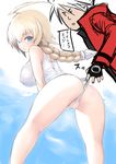  1girl ahoge ass bent_over blazblue blonde_hair blue_eyes blush braid breasts covered_nipples es_(xblaze) highres huge_ahoge johan_(johan13) labia large_breasts long_hair looking_back one-piece_swimsuit pussy_peek ragna_the_bloodedge single_braid solo_focus swimsuit swimsuit_pull translation_request wedgie wet wet_clothes wet_swimsuit white_swimsuit xblaze xblaze_code:_embryo 
