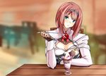  aqua_eyes ark_royal_(kantai_collection) bangs blunt_bangs blurry blurry_background blush bob_cut chair cleavage_cutout commentary corset elbows_on_table fingerless_gloves food food_in_mouth gloves ice_cream jacket kantai_collection long_sleeves looking_at_viewer neo_(tyottama) red_hair red_ribbon ribbon short_hair sitting solo spoon tiara upper_body white_jacket 