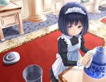  apron black_eyes black_hair bucket bucket_of_water cleaning indoors maid maid_apron maid_headdress original rag roomba short_hair solo vase yamaishi_nohi 