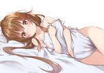  bangs bed_sheet blush brown_eyes brown_hair collarbone covering cowboy_shot embarrassed frown fumizuki_(kantai_collection) kantai_collection long_hair looking_at_viewer lying nude_cover on_side parted_bangs pillow solo white_background yukishiro_arute 