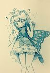  ? antennae arinu bangs bare_arms bare_legs blush butterfly_wings closed_mouth commentary_request cowboy_shot dress dress_lift embarrassed eternity_larva flying_sweatdrops highres knees_together_feet_apart leaf leaf_on_head monochrome ribbon-trimmed_dress short_dress short_hair simple_background sleeveless sleeveless_dress solo_focus standing touhou traditional_media wavy_mouth wings 