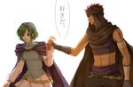  1girl abs bandages bangs beads belt belt_pouch black_cape blue_eyes breasts cape confession couple cowboy_shot delsaber fingerless_gloves fire_emblem fire_emblem:_rekka_no_ken gloves green_hair hairband hetero jaffar_(fire_emblem) long_sleeves looking_at_another medium_breasts midriff nino_(fire_emblem) outstretched_arm parted_lips pouch profile red_eyes red_hair short_hair shoulder_tattoo simple_background skirt sleeveless speech_bubble surprised swept_bangs tattoo tearing_up tears translated watch white_background white_skirt wristwatch 
