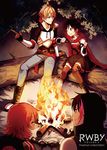  2girls campfire camping cloak commentary_request highres jaune_arc kuma_(bloodycolor) lie_ren multiple_boys multiple_girls nora_valkyrie official_art ruby_rose rwby 