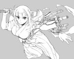  arm_cannon bangs blunt_bangs breasts commentary cyborg grey_background greyscale hakama holding holding_sword holding_weapon itou_(onsoku_tassha) japanese_clothes large_breasts leg_up looking_at_viewer mechanical_arm mechanical_parts miko miko_(itou) monochrome original parts_exposed serious sheath simple_background solo sword torn_clothes unsheathed weapon 