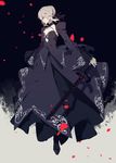  artoria_pendragon_(all) black black_dress blonde_hair dark_excalibur dress fate/grand_order fate_(series) gothic_lolita hair_bun hair_ribbon highres lolita_fashion pale_skin ribbon saber_alter solo spot_color sword syubare weapon yellow_eyes 