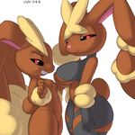  2017 5_fingers angry big_breasts breasts brown_fur comparing comparing_breasts digital_media_(artwork) duo female fur lagomorph long_ears lopunny mammal mega_evolution mega_lopunny navel nintendo nude pok&eacute;mon pose red_eyes simple_background size_difference smug standing video_games white_background xylas 