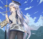  ass black_legwear cloud cloudy_sky day dress headgear highres kantai_collection long_hair looking_at_viewer looking_back mountain murakumo_(kantai_collection) necktie no_bra palm_tree pantyhose polearm red_neckwear sailor_dress see-through sign silver_hair sky solo spear standing thighband_pantyhose tree tsurukawasha weapon wet wet_clothes wringing_clothes wringing_dress yellow_eyes 
