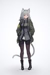  absurdres animal_ears bangs black_footwear boots cat_ears cat_girl cat_tail commentary_request deel_(rkeg) eyebrows_visible_through_hair full_body gradient gradient_background green_jacket grey_background grey_eyes grey_hair hands_in_pockets highres holster jacket light_blush long_hair long_sleeves looking_at_viewer original pantyhose purple_legwear shirt solo standing tail white_shirt 