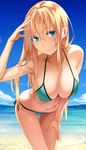  aqua_bikini bangs beach bikini blonde_hair blue_eyes blue_sky blush breasts cleavage closed_mouth cloud cloudy_sky collarbone commentary_request day eyebrows_visible_through_hair hair_between_eyes hand_in_hair hand_up highres kimura_(ykimu) large_breasts leaning_forward legs long_hair looking_at_viewer navel original outdoors side-tie_bikini sidelocks sky smile solo standing swimsuit thigh_gap thighs tsurime wet 
