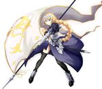  armor armored_dress banner black_legwear blonde_hair blue_eyes braid fate/apocrypha fate_(series) full_body highres holding holding_weapon jeanne_d'arc_(fate) jeanne_d'arc_(fate)_(all) long_hair roku1010 sheath sheathed simple_background single_braid solo standing sword thighhighs very_long_hair weapon white_background 