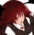  :d bat_wings blush breasts collared_shirt colored_eyelashes commentary_request dress_shirt eyelashes from_above futatsuki_eru head_wings koakuma long_hair long_sleeves necktie open_mouth red_eyes red_hair red_neckwear shirt simple_background smile touhou vest white_background white_shirt wings 